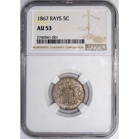 1867 Rays Shield Nickel- NGC AU 53 - About Uncirculated