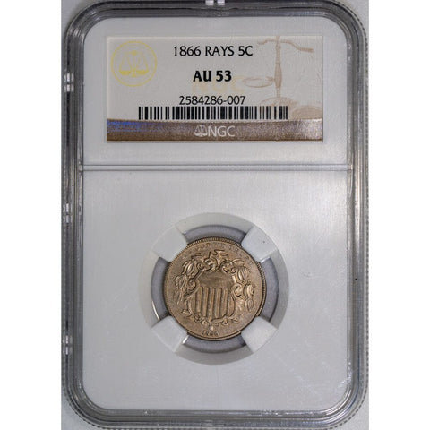 1866 Rays Shield Nickel- NGC AU 53 - About Uncirculated