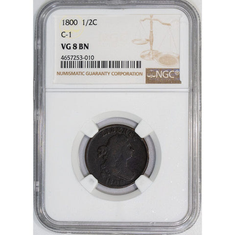 1800 Draped Bust Half Cent C-1 - NGC VG 8 BN - Very Good Brown