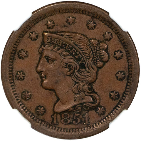 1851 Braided Hair Large Cent - NGC AU 55 BN - About Uncirculated