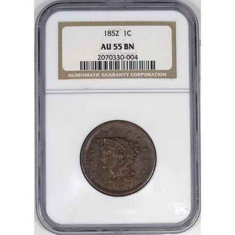 1852 Braided Hair Large Cent - NGC AU 55 BN - About Uncirculated