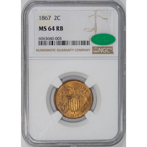 1867 Two Cent Piece - NGC MS 64 RB CAC - Choice Red/Brown Uncirculated