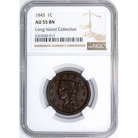 1845 Braided Hair Large Cent - NGC AU 55 BN - About Uncirculated