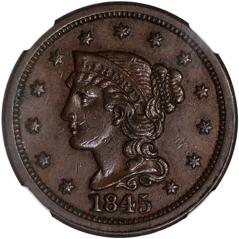 1845 Braided Hair Large Cent - NGC AU 55 BN - About Uncirculated