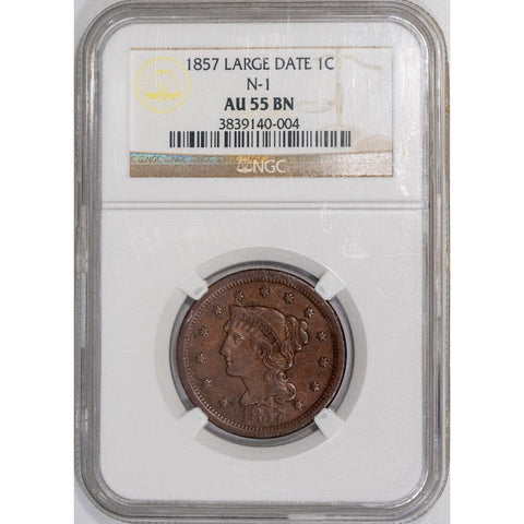 1857 Large Date Braided Hair Large Cent N-1 - NGC AU 55 BN - About Uncirculated
