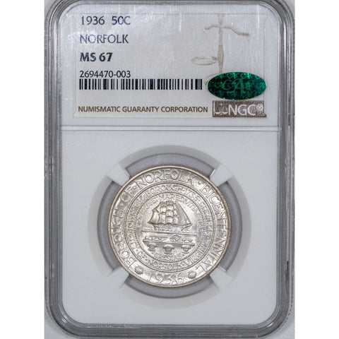 1936 Norfolk, Virginia Silver Commemorative Half Dollar - NGC MS 67 CAC - Premium Gem Uncirculated