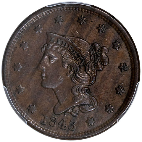 1843 Petite Head, Small Letters Large Cent - PCGS AU 50 - About Uncirculated