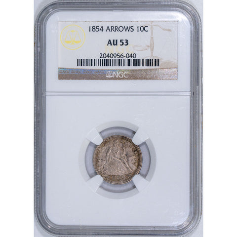 1854 Arrows Seated Liberty Dime - NGC AU 53 - About Uncirculated