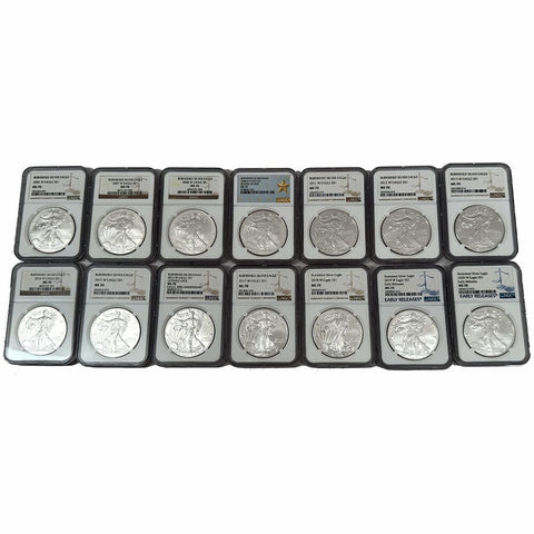 2006-W to 2020-W Burnished Silver Eagle 14-Coin Set inc/ 2008-W Rev. 2007 - NGC 70