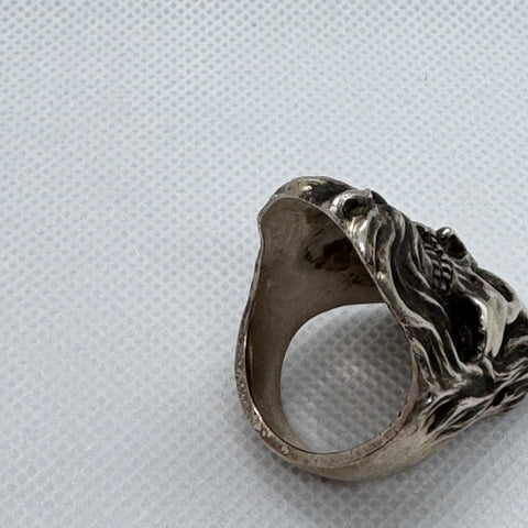 Huge Sterling Silver Signed Skull Biker Ring