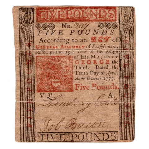 Pennsylvania April 10, 1775 £5 Colonial Note Fr. PA-176 - Very Fine