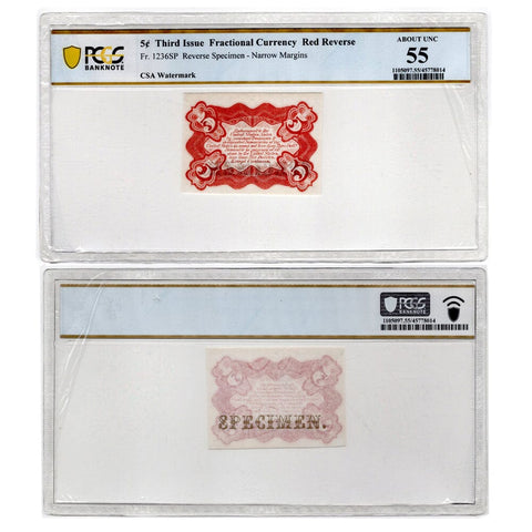 3rd Issue 5¢ Fractional Red Reverse Specimen Fr. 1236SP - PCGS 55 - About Uncirculated