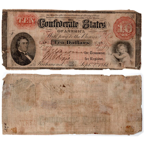 T-24 Sept. 2 1861 $10 Confederate States of America (C.S.A.) - Very Good