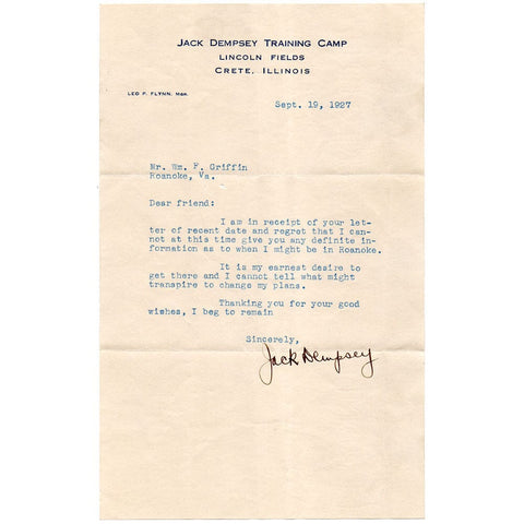 1927 Jack Dempsey Autographed Letter 3 Days Before Final Tunney Bout