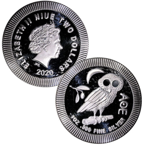 2020 Niue 1 oz Stackable Silver $2 Athenian Owl Coins - Gem Brilliant Uncirculated ($2 Over Spot)