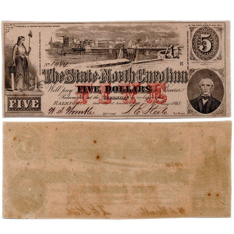 1863 $5 State of North Carolina Note - Cr. 123 - Crisp Uncirculated