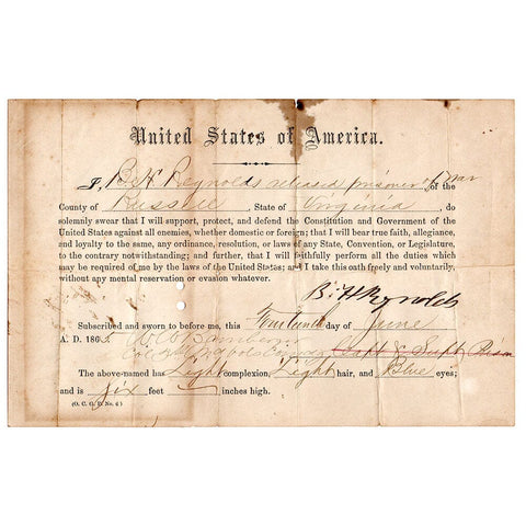 1865 Oath of Allegiance to the United States of America for Captured Confederate Soldier