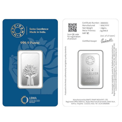 10 gram MMTC-Pamp/India Lotus .9999 Silver Bars in Assay Cards