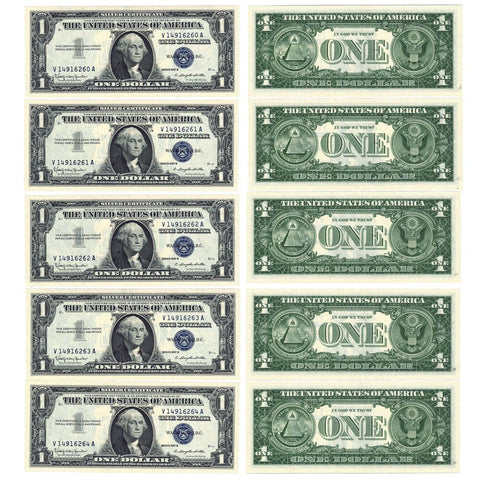5 Consecutive 1957-B $1 Silver Certificates - Fr. 1621 - Crisp Gem Uncirculated