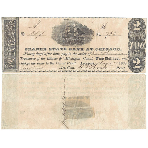 May 1st, 1839 $2 Lockport Branch State Bank At Chicago Note - Very Fine