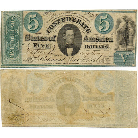 T-33 Sep. 2 1861 $5 Confederate States of America (C.S.A.) - Apparent Very Fine