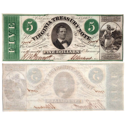 1862 $5 Virginia Treasury Note Cr.13 - Crisp Uncirculated
