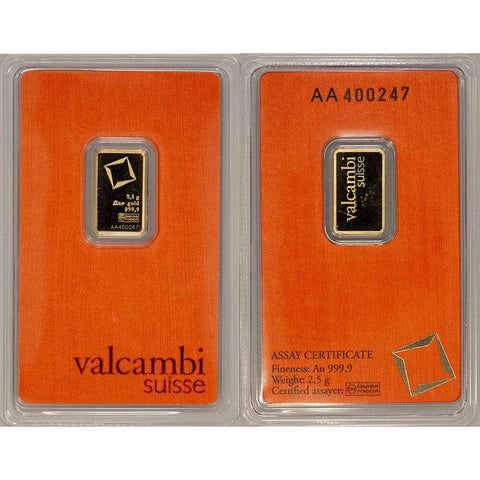 2.5 gram Valcambi .9999 Gold Bar in Assay Card