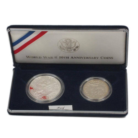 1991-1995 World War II 50th Anniversary Silver 2-Coin Proof Set - Gem Proof in OGP w/ COA
