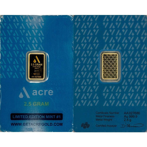 2.5 gram Acre .9999 Gold Bar in Assay Card w/ Gift Box