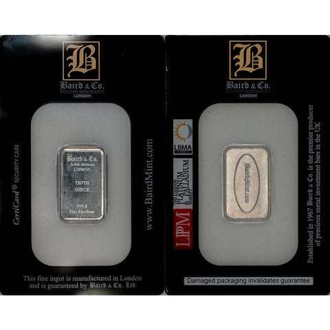 Baird 1/10th Troy Ounce .9999 Rhodium Bar in Assay Card