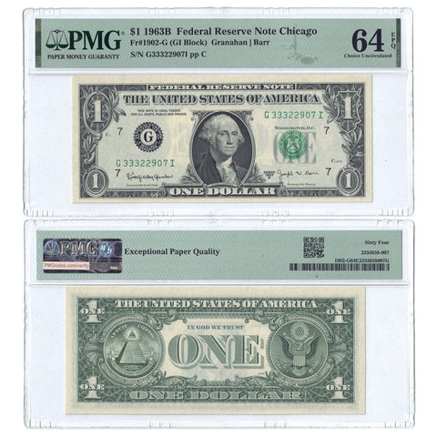 1963-B $1 Barr Signature Chicago Federal Reserve Note - Fr. 1902-G - PMG 64 EPQ