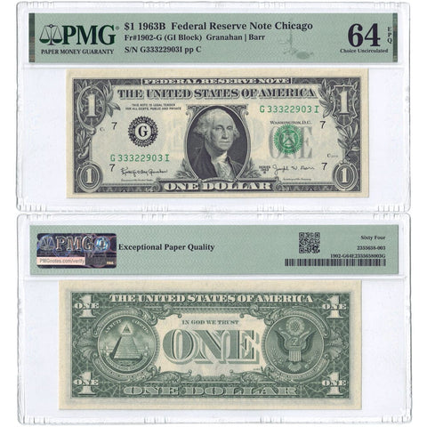 1963-B $1 Barr Signature Chicago Federal Reserve Note - Fr. 1902-G - PMG 64 EPQ