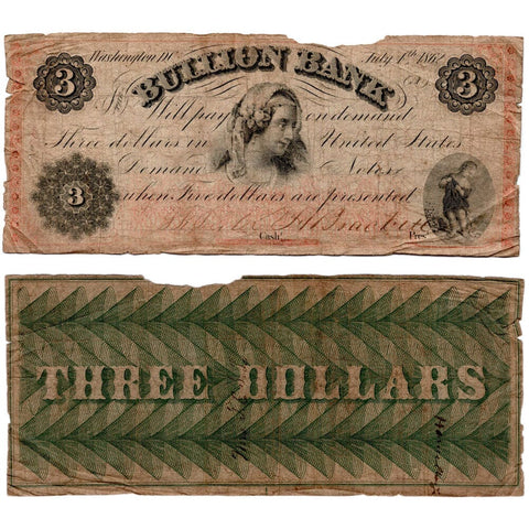 1862 $3 Washington, DC Bullion Bank Obsolete Note - Good