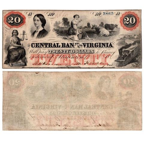 1860 $20 Central Bank of Virginia, Staunton Obsolete Bank Note - VA220G20a - Very Fine