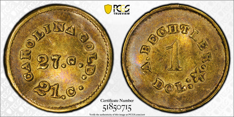 (1842-1850) A. Bechtler Gold Dollar 27 Grains 21 Carat Plain Edge - PCGS AU Details
