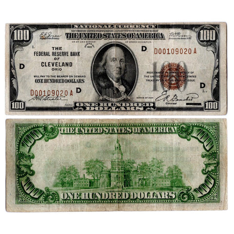 1929 $100 Federal Reserve National Bank Note, Cleveland Fr. 1890-D - Apparent Very Fine