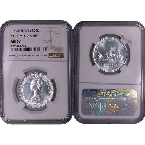1987-R Italy Silver 500 Lire Columbus' Ships KM. 98 - NGC MS 67 - Gem Uncirculated