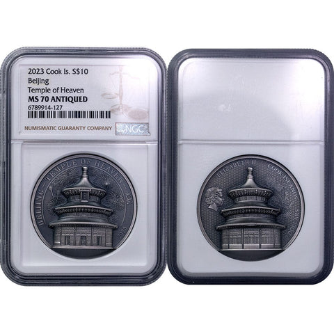 2023 Cook Islands 2oz Silver $10 Temple of Heaven - MS 70 Antiqued