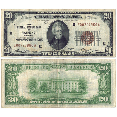 1929 $20 Richmond Federal Reserve Bank Note Fr. 1870-E - Very Fine