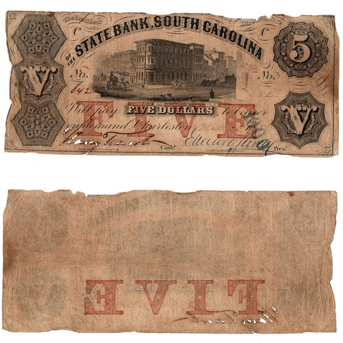 1852 $5 Bank of South Carolina Obsolete Bank Note - Net VG