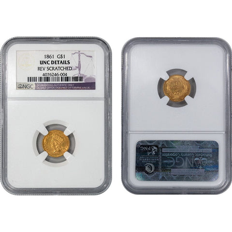 1861 Type-3 Gold Dollar - NGC Unc Details Rev Scratched