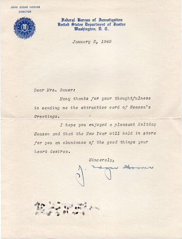 J. Edgar Hoover Triple Signed Seasons Greetings Jan 2, 1946