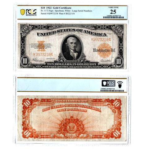1922 $10 Gold Certificate Speelman/White FR. 1173 - PCGS VF 25