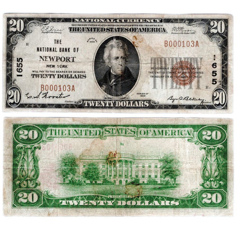 1929 T.1 $20 National Bank of Newport, NY Charter 1655 - Fine