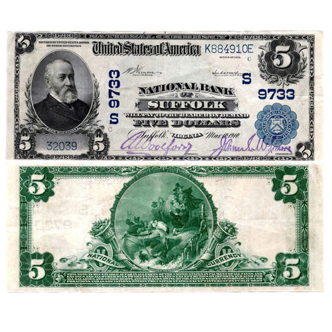 1902 PB $5 National Bank of Suffolk, VA 9733 - Very Fine+