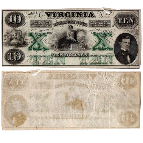 1862 $10 Virginia Treasury Note Cr. 8 - Very Fine Details
