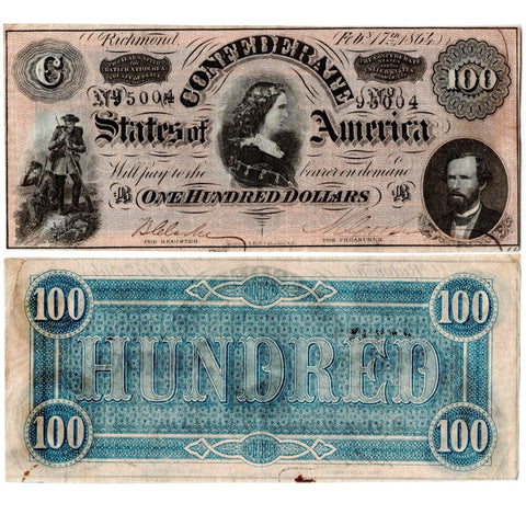 T-65 Feb. 17 1864 'Lucy Pickens' $100 CSA Note - Choice About Uncirculated