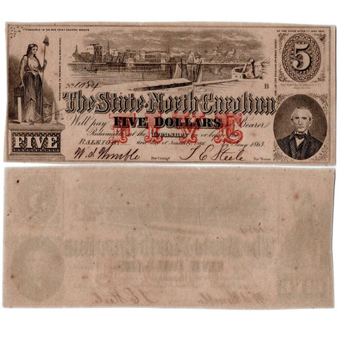 1863 $5 State of North Carolina Note - Cr. 123 - Crisp Uncirculated