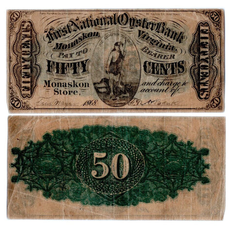 1868 50 Cents First National Oyster Bank, Monaskon Store, VA - Very Fine