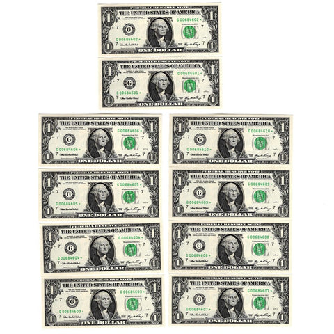 10 Consecutive 2006 Chicago $1 Federal Reserve Star Notes - Fr. 1933-G* - Crisp Gem Uncirculated